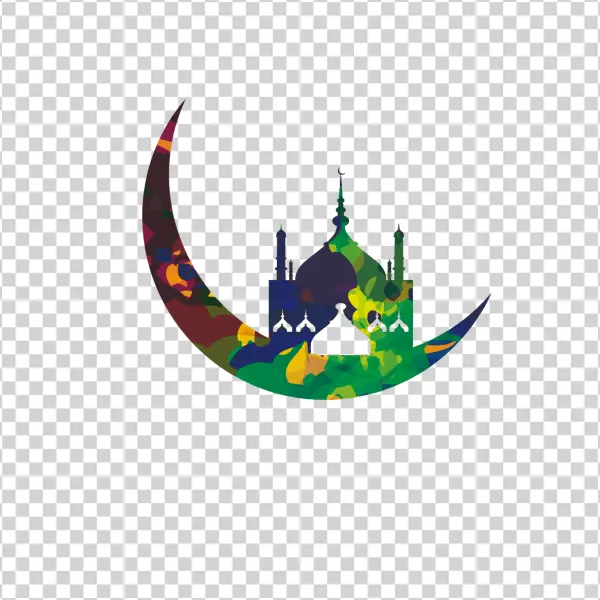 Colorful Mosque and Crescent Moon Silhouette PNG