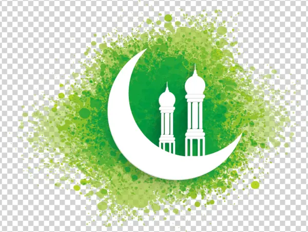 Islamic Crescent Moon and Minarets on Green Splatter Background PNG