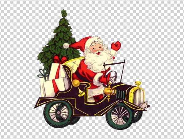 Santa Claus Driving Vintage Car with Christmas Tree PNG