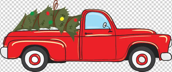 Red Pickup Truck with Christmas Tree PNG Transparent