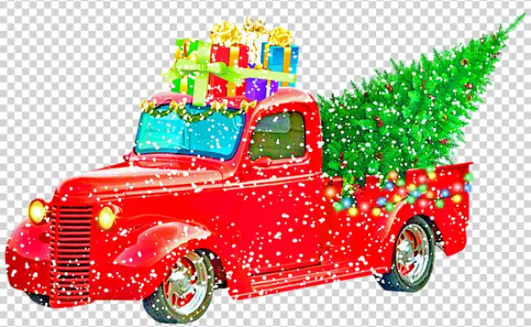 Red Vintage Christmas Truck with Tree and Gifts PNG