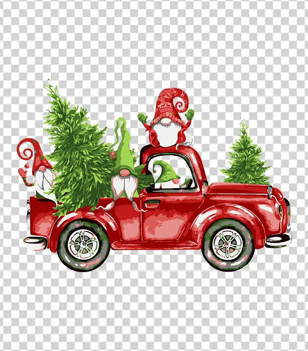 Christmas Gnomes and Trees in Red Truck PNG Transparent Background