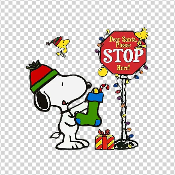 Snoopy and Woodstock Christmas Stop Here Sign PNG