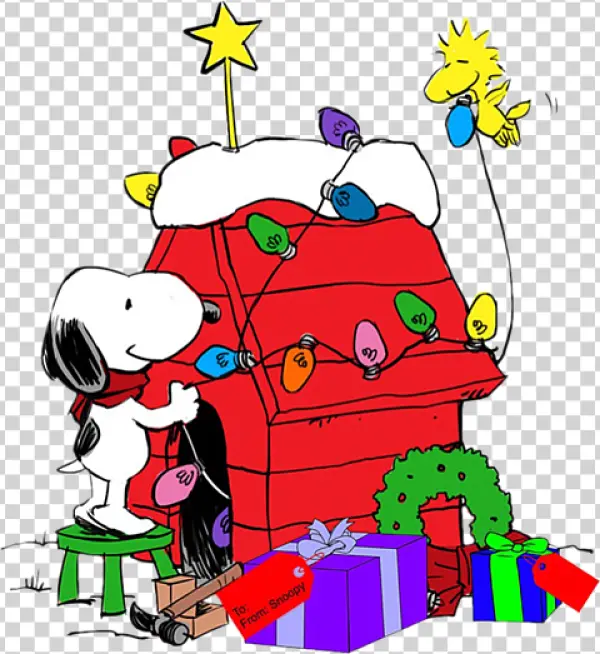 Snoopy and Woodstock Decorating Christmas Doghouse PNG