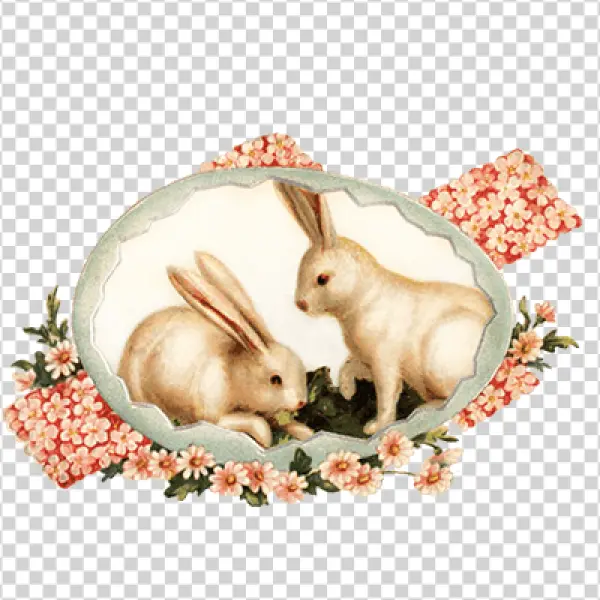 Vintage Easter Bunnies in Cracked Egg with Flowers PNG