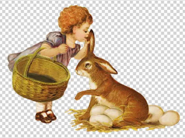 Vintage Child and Easter Bunny with Eggs PNG