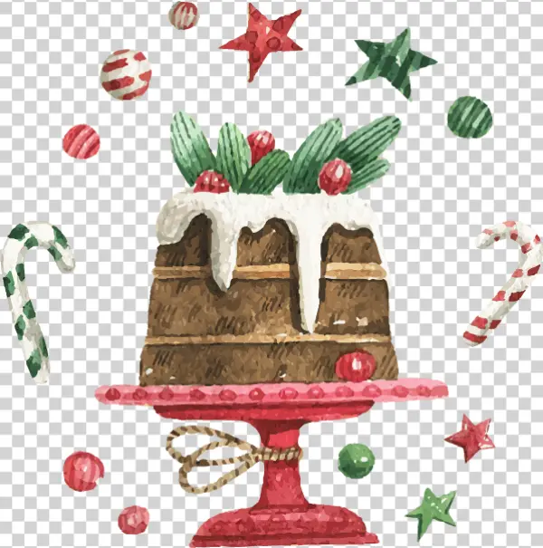 Watercolor Christmas Pudding with Festive Decorations PNG
