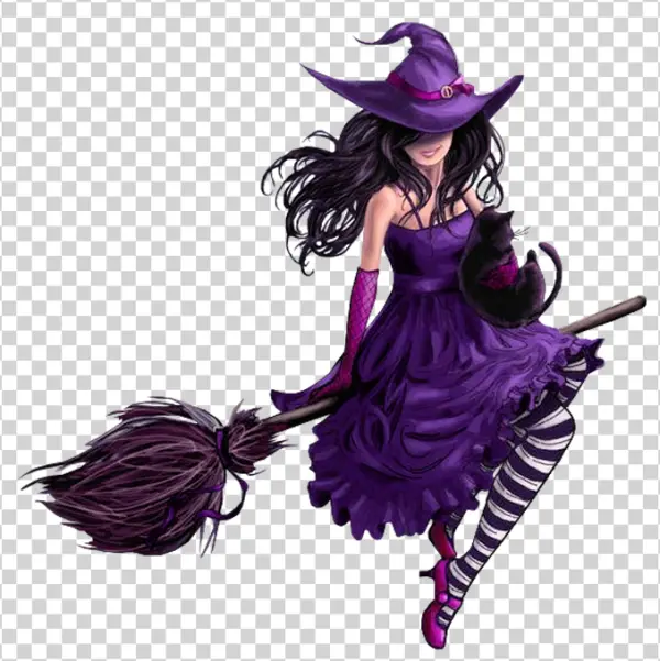 Cute Purple Witch Flying on Broom PNG