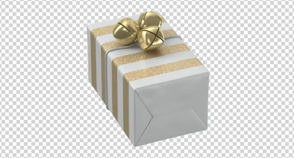 White Gift Box with Gold Glitter Stripes and Jingle Bells PNG