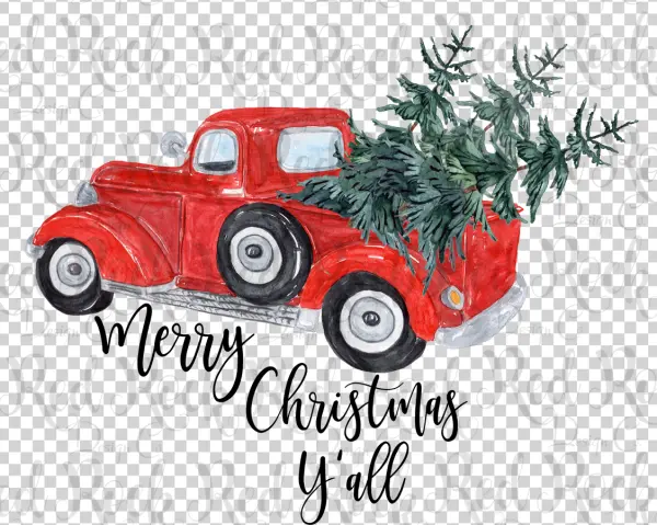 Watercolor Red Vintage Truck with Christmas Tree PNG