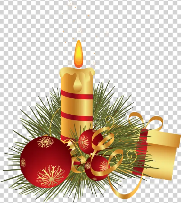 Christmas Candle with Ornaments and Gift Box PNG Transparent Background