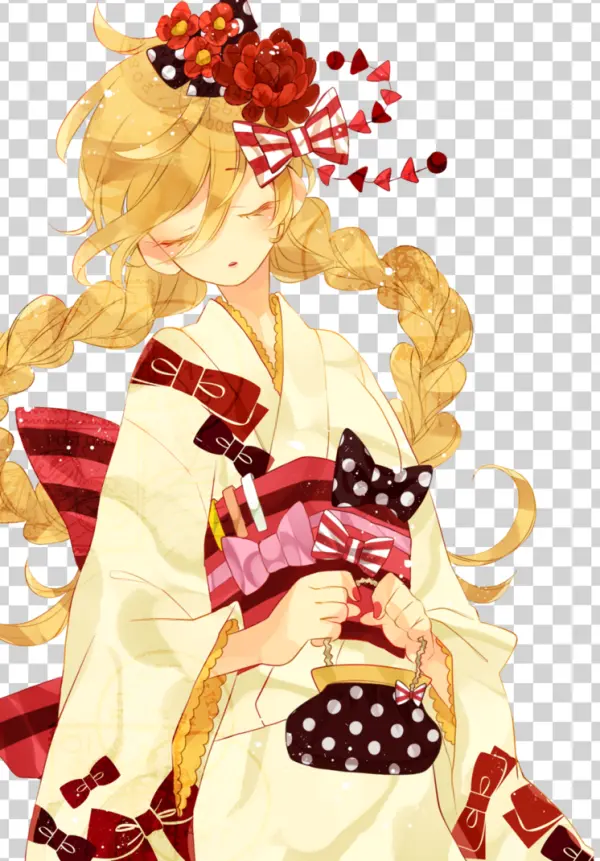 Anime Girl in Kimono with Flowers and Polka Dot Purse PNG