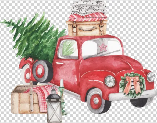 Watercolor Red Christmas Truck with Tree PNG