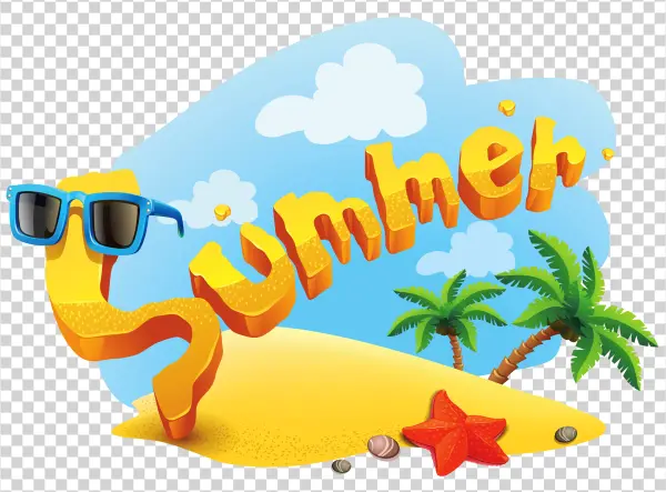 Colorful Summer Vacation Text with Beach Elements PNG