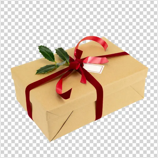 Brown Kraft Gift Box with Red Ribbon and Holly PNG