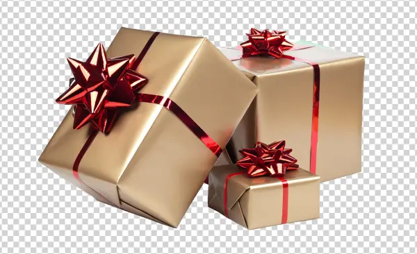 Golden Gift Boxes with Red Bows PNG Transparent Background