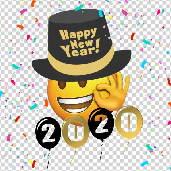 Happy New Year Emoji 2020 with Confetti and Balloons