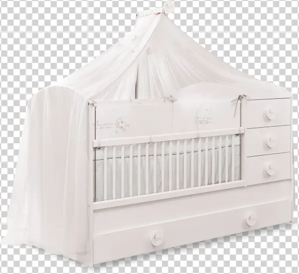White Baby Crib with Canopy and Drawers PNG Transparent