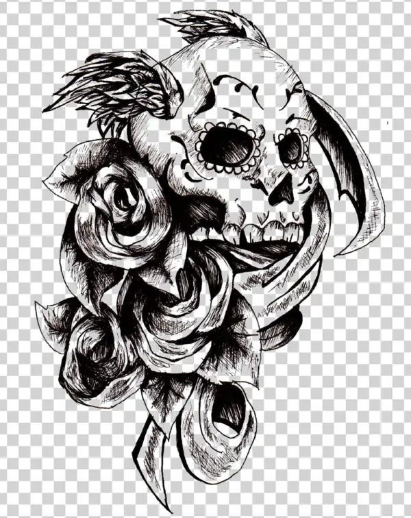 Sugar Skull with Roses and Wings Line Art PNG