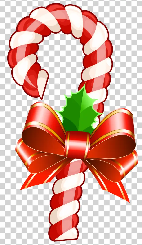 Christmas Candy Cane with Red Bow and Holly PNG