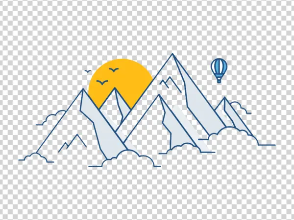Stylized Mountain Landscape PNG with Sun and Hot Air Balloon