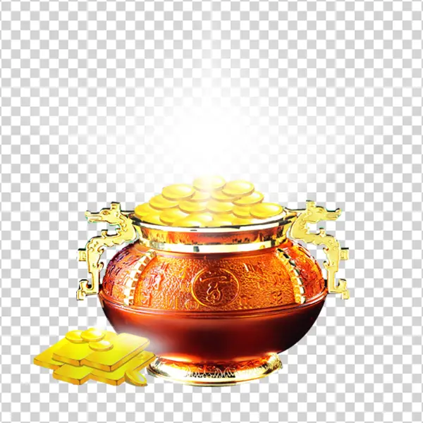 Chinese Treasure Pot with Gold Coins and Bars PNG