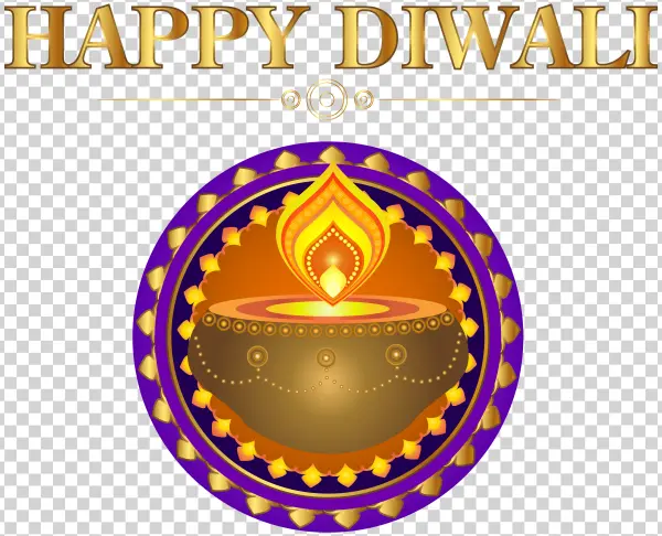 Happy Diwali Gold Text with Decorative Diya Lamp PNG
