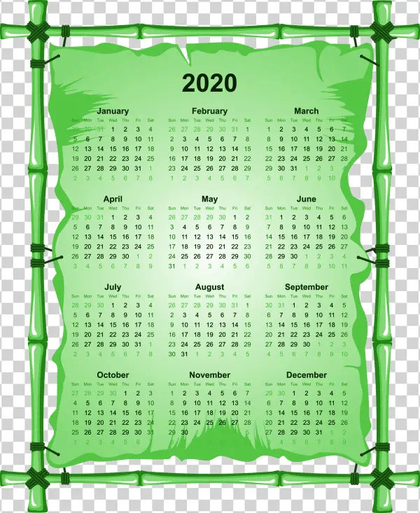 2020 Wall Calendar on Bamboo Frame PNG