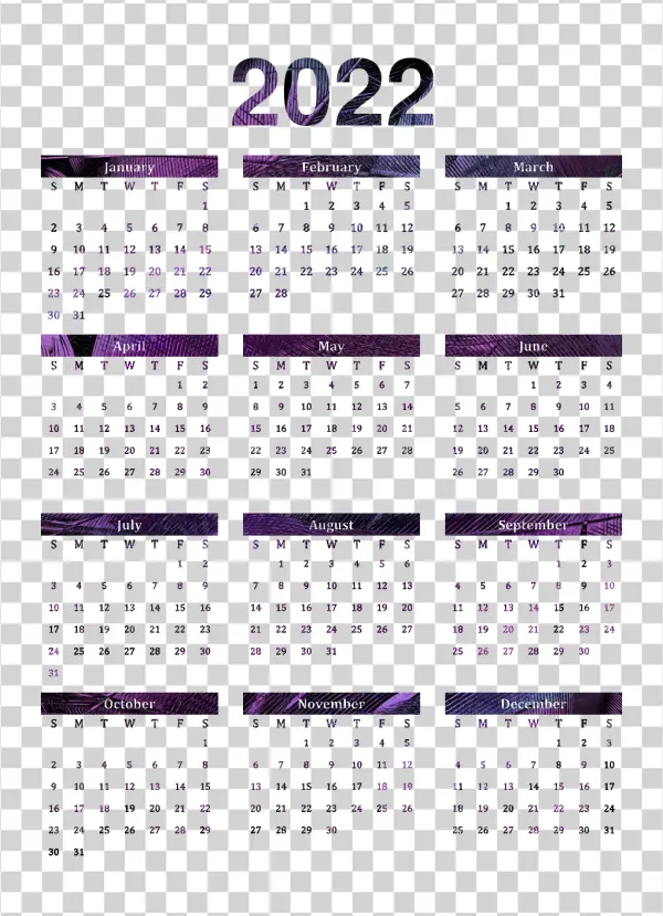 2022 Full Year Calendar PNG Dark Textured Design