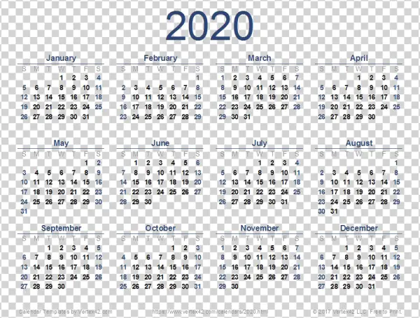 2020 Full Year Calendar PNG Transparent