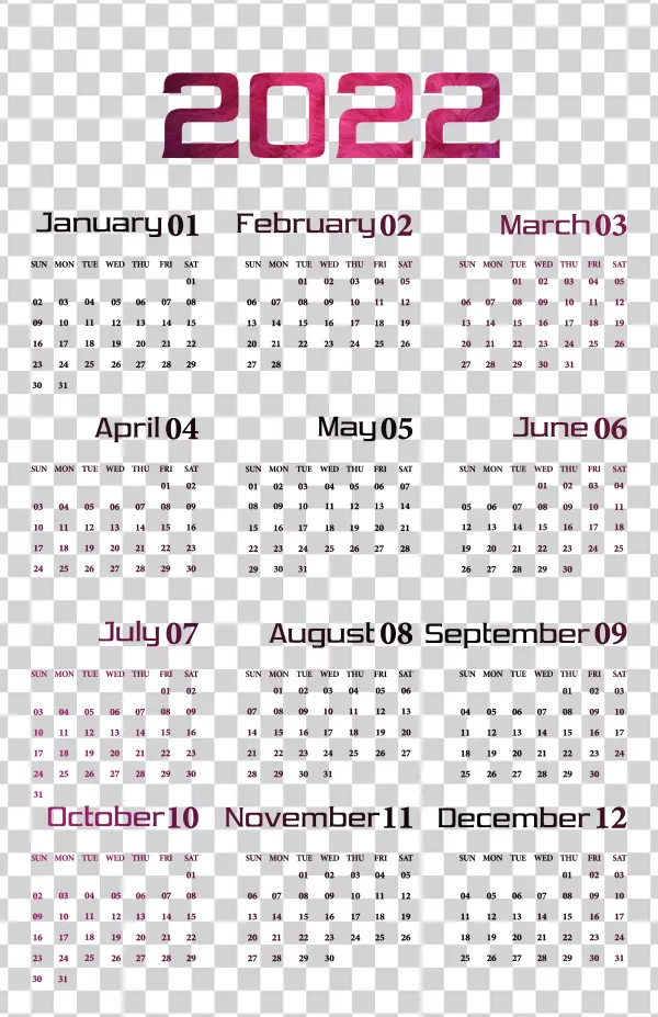 2022 Full Year Calendar Pink Textured PNG