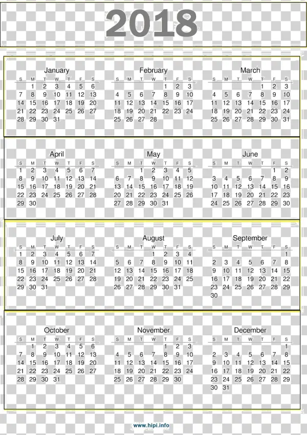 2018 Full Year Calendar PNG Transparent Background