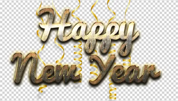 Happy New Year Glitter Text with Gold Ribbons PNG