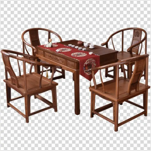 Traditional Chinese Tea Table and Chairs Set PNG