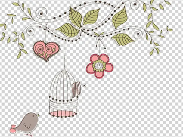 Decorative Branch with Hanging Heart, Flower, and Birdcage PNG