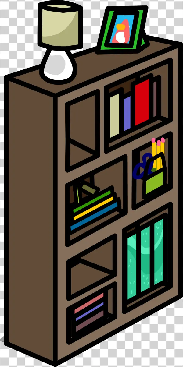 Cartoon Bookshelf with Books and Lamp PNG Transparent Background