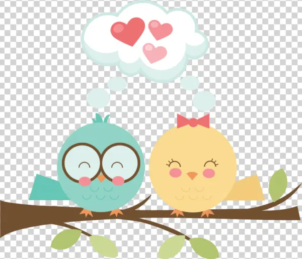Cute Cartoon Love Birds on Branch PNG