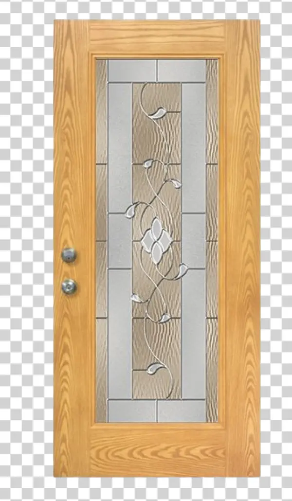 Elegant Wooden Door with Stained Glass Panel PNG