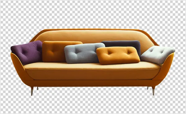 Modern Yellow Sofa with Colorful Cushions PNG Transparent