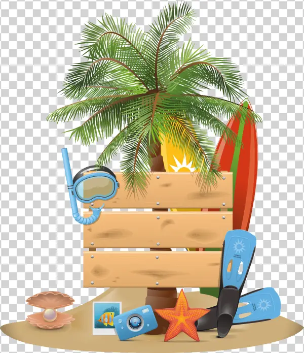 Summer Beach Holiday Sign with Palm Tree and Gear PNG