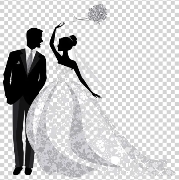 Wedding Couple Silhouette Throwing Bouquet PNG