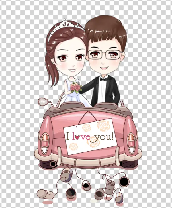 Cute Chibi Wedding Couple in Car PNG