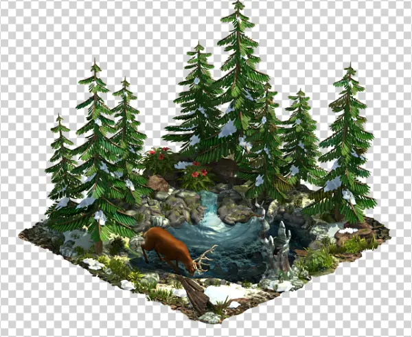 Winter Forest Scene with Deer and Waterfall PNG