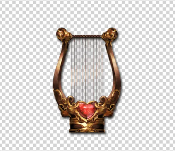 Golden Ornate Harp with Red Heart Gem PNG