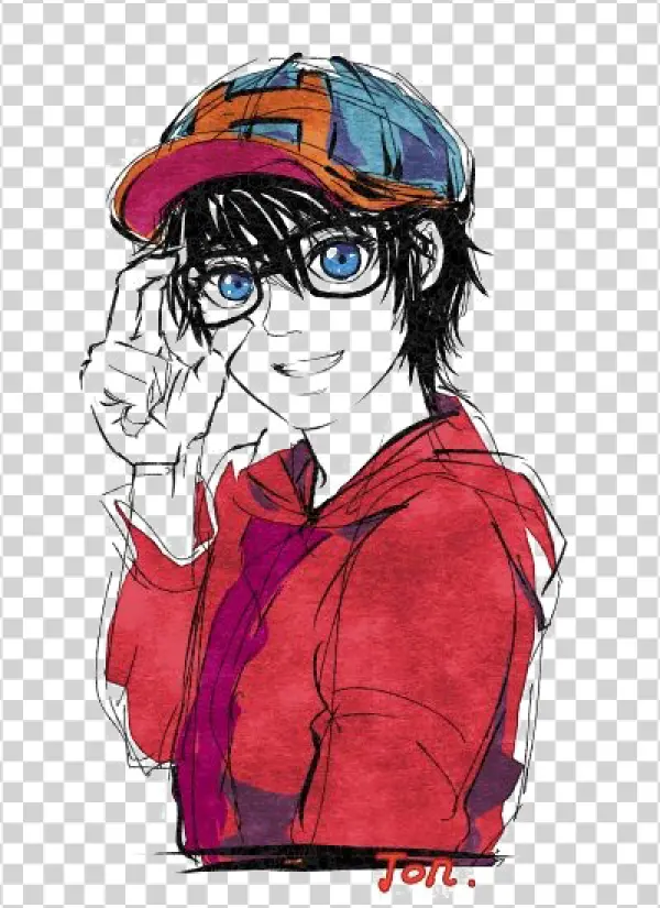 Anime Boy with Glasses and Red Hoodie PNG