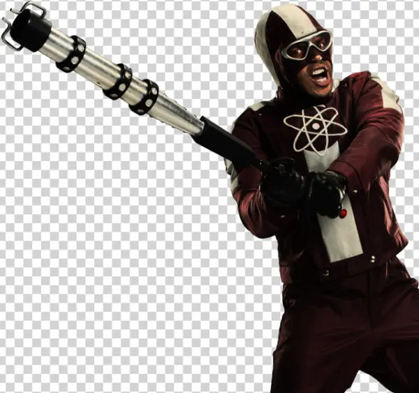 Red and White Superhero with Atom Symbol and Staff PNG