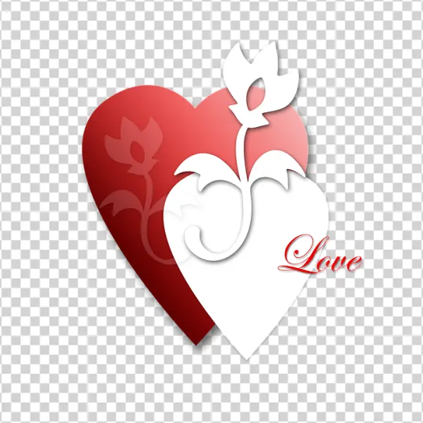 Red and White Overlapping Hearts with Floral Design and Love Text PNG