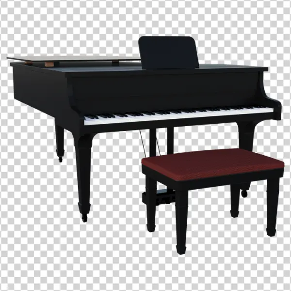 Black Grand Piano with Bench PNG Transparent Background