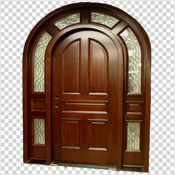 Arched Wooden Entry Door with Decorative Glass PNG