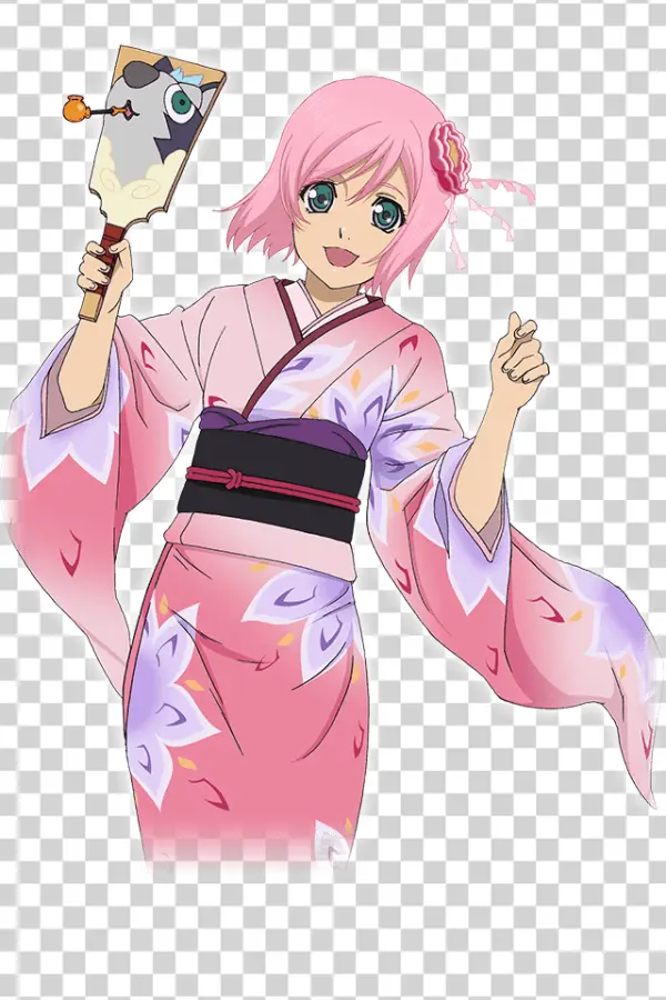 Pink Haired Anime Girl in Kimono with Fan PNG